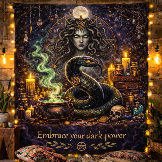 Dark gothic Medusa and snake tapestry with glowing green eyes, candles, skull, and "Embrace your dark power" text.