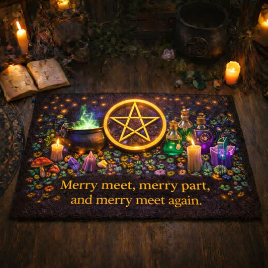 Dark pagan doormat with a glowing yellow pentacle, cauldron, potions, and "Merry meet" text.