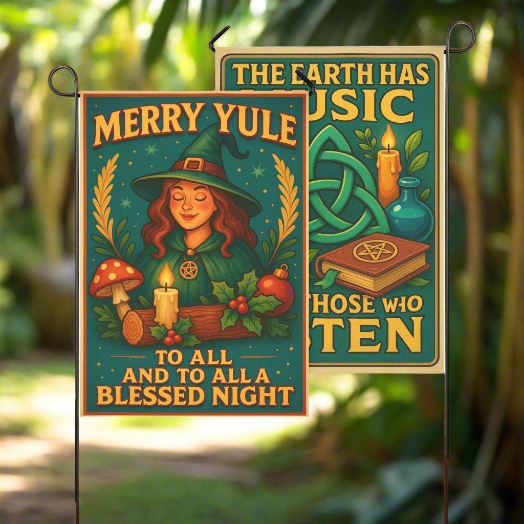Merry Yule Witchy Garden Flag and Wiccan House Flag for Pagan Yule Home Decor-MoonChildWorld