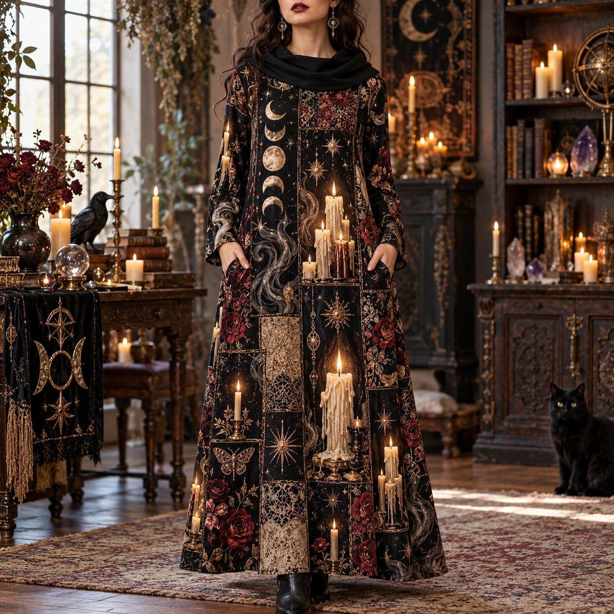Midnight Candle Coven Witchy Cowl Neck Dress – Gothic Moon Maxi – worn, front view