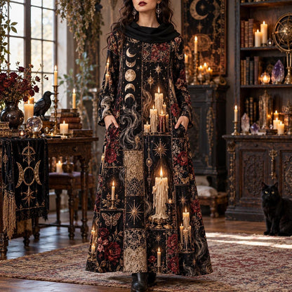 Midnight Candle Coven Witchy Cowl Neck Dress – Gothic Moon Maxi – worn, front view