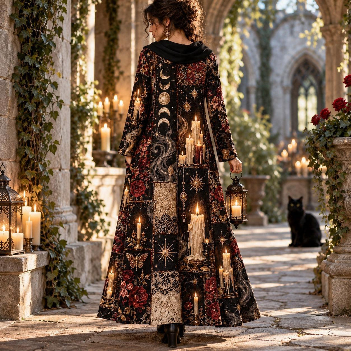 Midnight Candle Coven Witchy Cowl Neck Dress – Gothic Moon Maxi – worn, back view