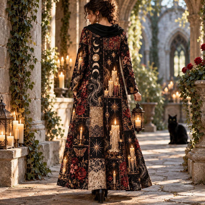 Midnight Candle Coven Witchy Cowl Neck Dress – Gothic Moon Maxi – worn, back view