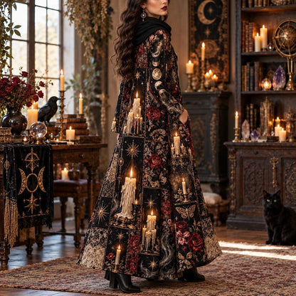 Midnight Candle Coven Witchy Cowl Neck Dress – Gothic Moon Maxi – worn, three quarter view