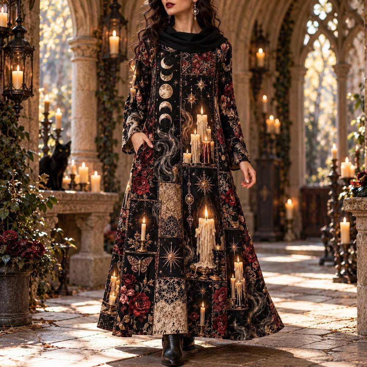 Midnight Candle Coven Witchy Cowl Neck Dress – Gothic Moon Maxi – worn, in motion