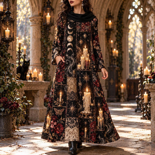 Midnight Candle Coven Witchy Cowl Neck Dress – Gothic Moon Maxi – worn, in motion
