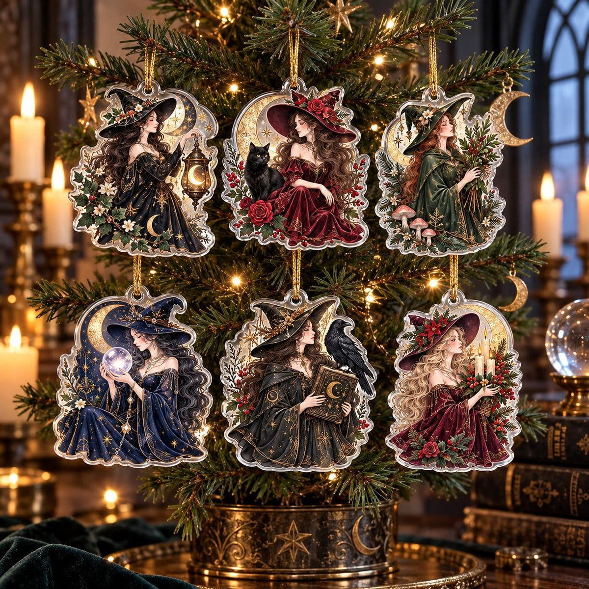 Midnight Coven Witch Acrylic Ornament Set – Gothic Yule Christmas Decor – set of 6, another view