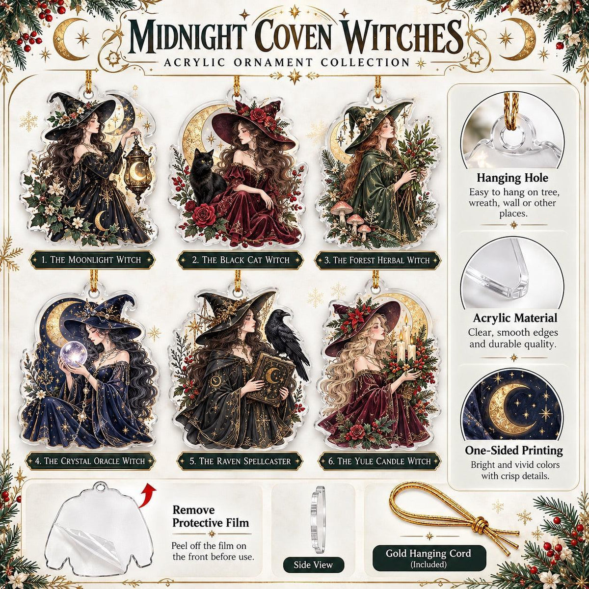Midnight Coven Witch Acrylic Ornament Set – Gothic Yule Christmas Decor – ornament size and details