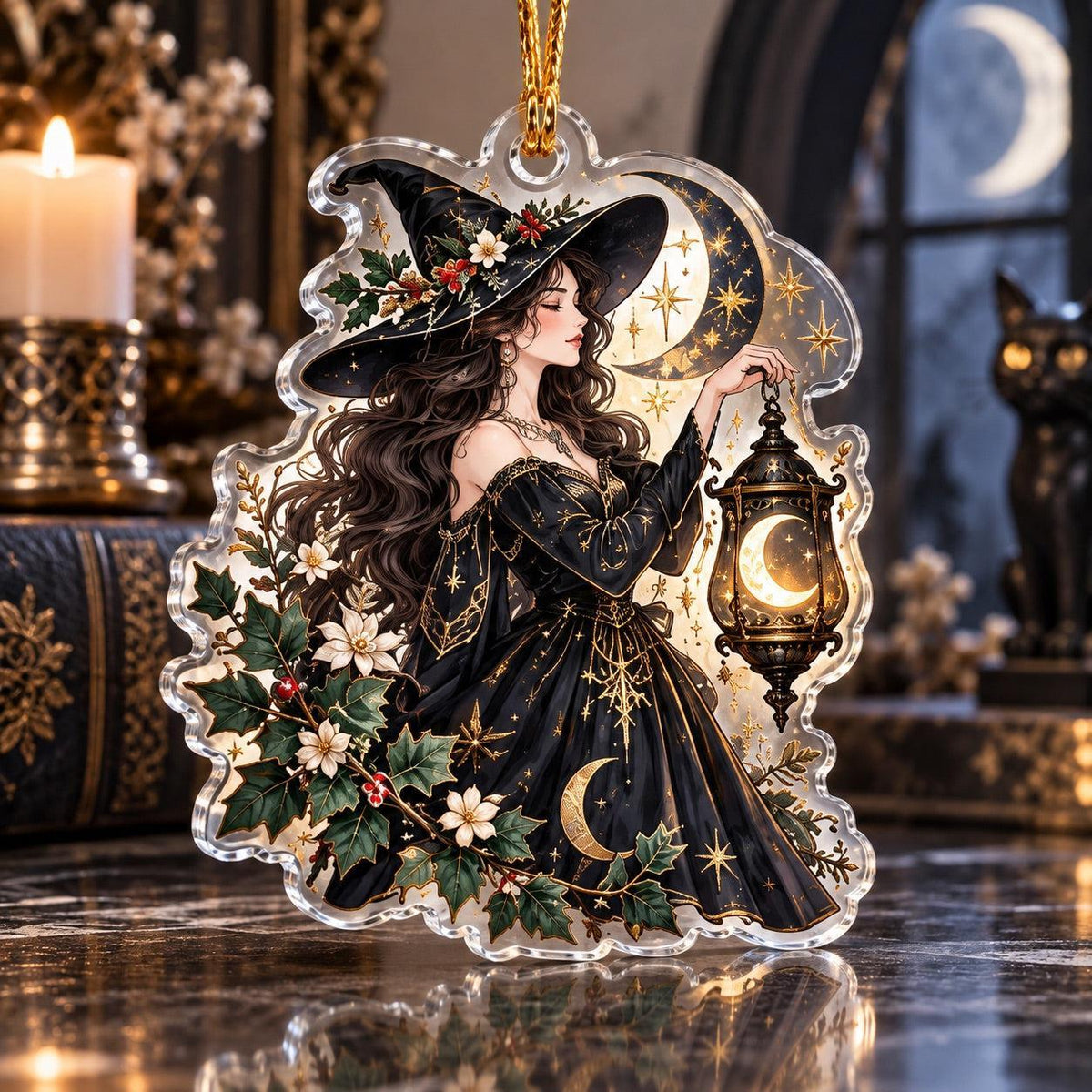 Midnight Coven Witch Acrylic Ornament Set – Gothic Yule Christmas Decor – Moonlight Witch ornament