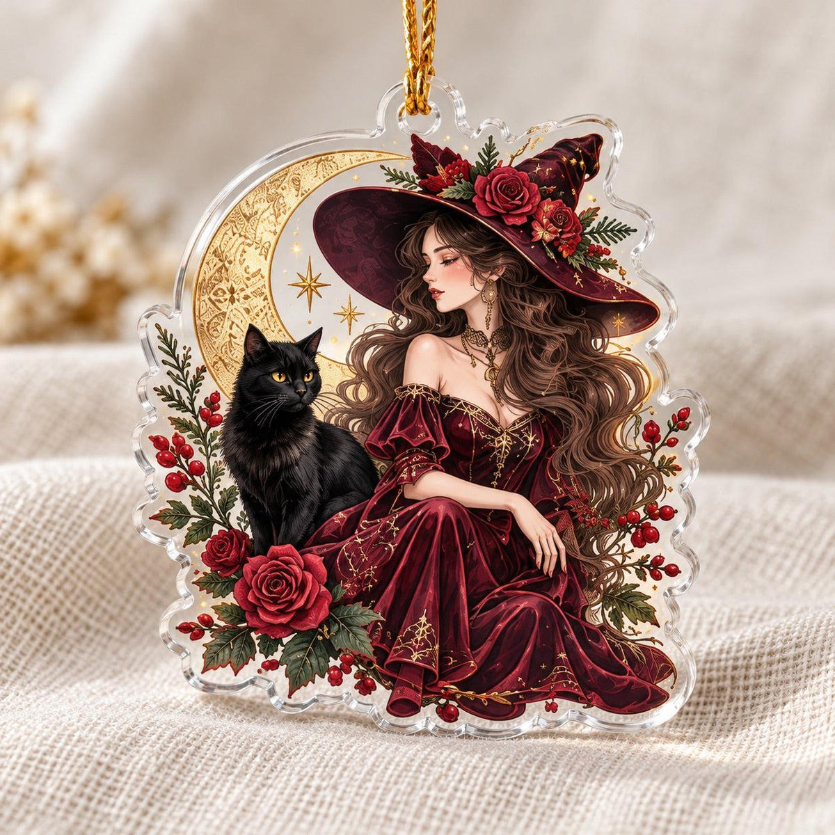 Midnight Coven Witch Acrylic Ornament Set – Gothic Yule Christmas Decor – Black Cat Witch ornament
