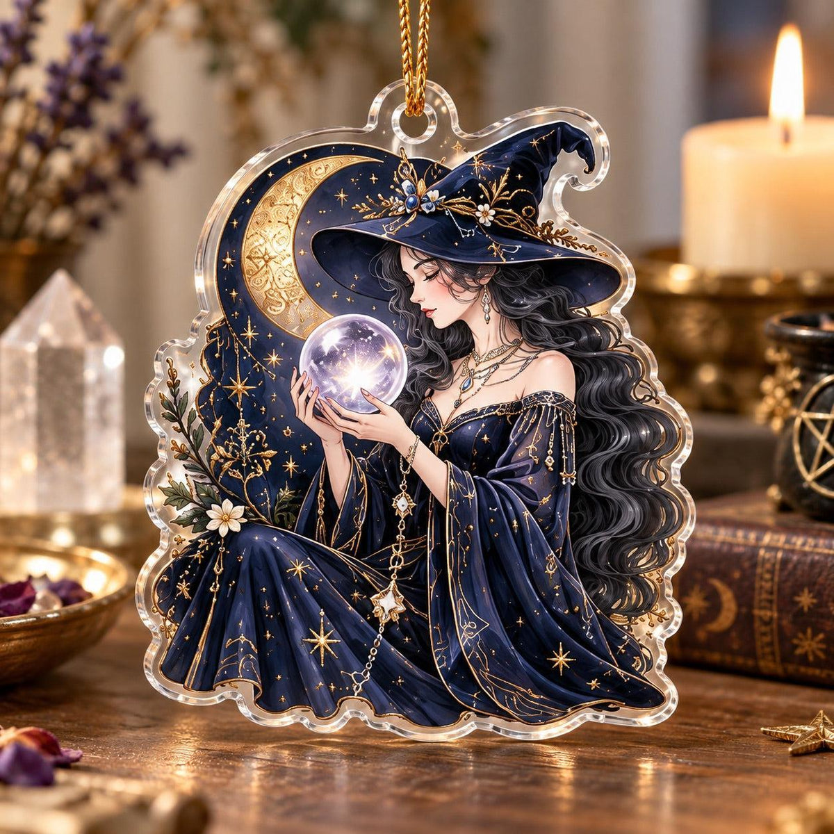 Midnight Coven Witch Acrylic Ornament Set – Gothic Yule Christmas Decor – Crystal Oracle Witch ornament