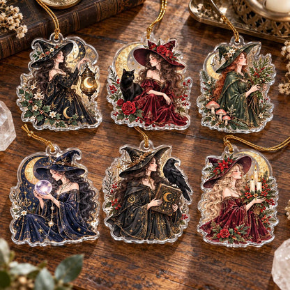 Midnight Coven Witch Acrylic Ornament Set – Gothic Yule Christmas Decor – set of 6, another view