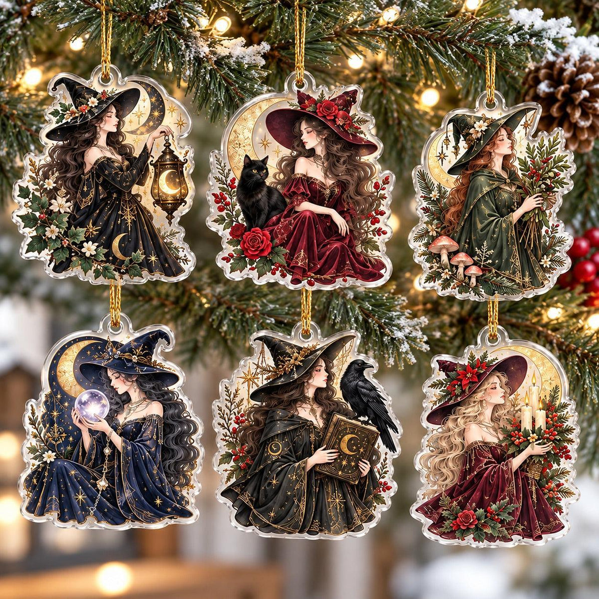 Midnight Coven Witch Acrylic Ornament Set – Gothic Yule Christmas Decor – set of 6 acrylic ornaments