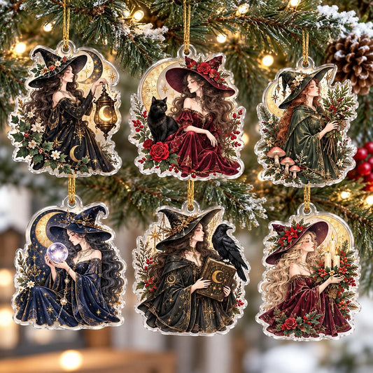 Midnight Coven Witch Acrylic Ornament Set – Gothic Yule Christmas Decor – set of 6 acrylic ornaments