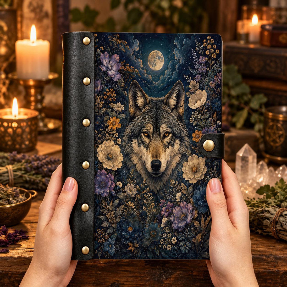 Midnight Moon Wolf Wildflower Journal - Pagan Grimoire — view 2 on a realistic Pagan ritual altar