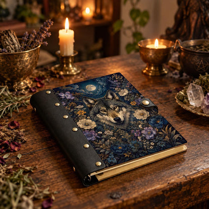 Midnight Moon Wolf Wildflower Journal - Pagan Grimoire — view 3 on a realistic Pagan ritual altar