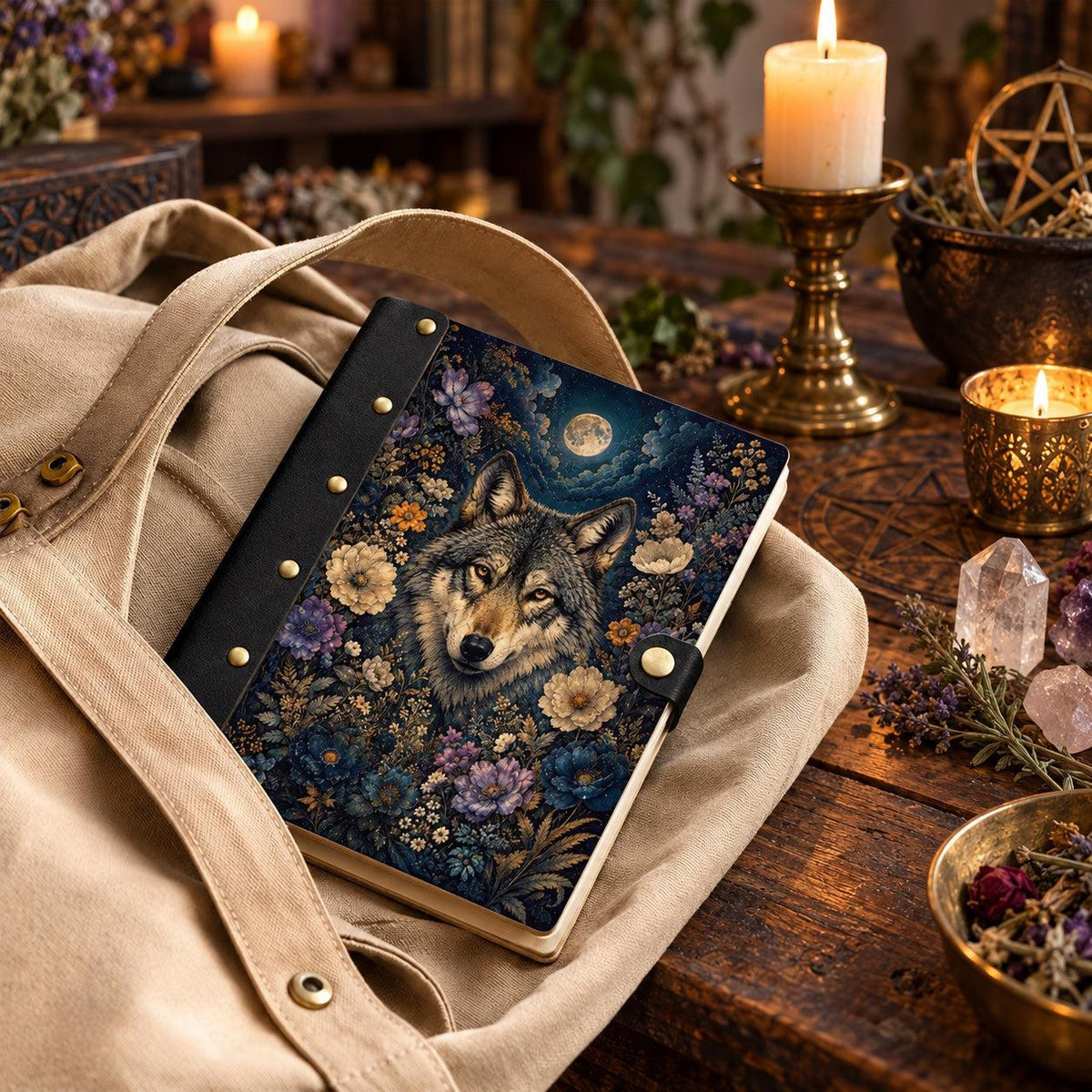 Midnight Moon Wolf Wildflower Journal - Pagan Grimoire — view 4 on a realistic Pagan ritual altar