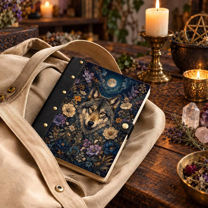 Midnight Moon Wolf Wildflower Journal - Pagan Grimoire — view 4 on a realistic Pagan ritual altar