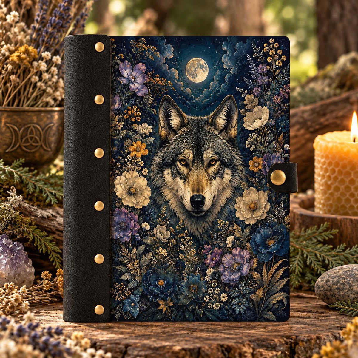 Midnight Moon Wolf Wildflower Journal - Pagan Grimoire on a candlelit pagan ritual altar