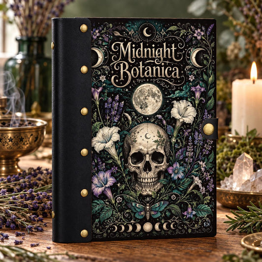 Midnight Skull Moth Journal - Moon Phase Gothic Grimoire on a candlelit pagan ritual altar