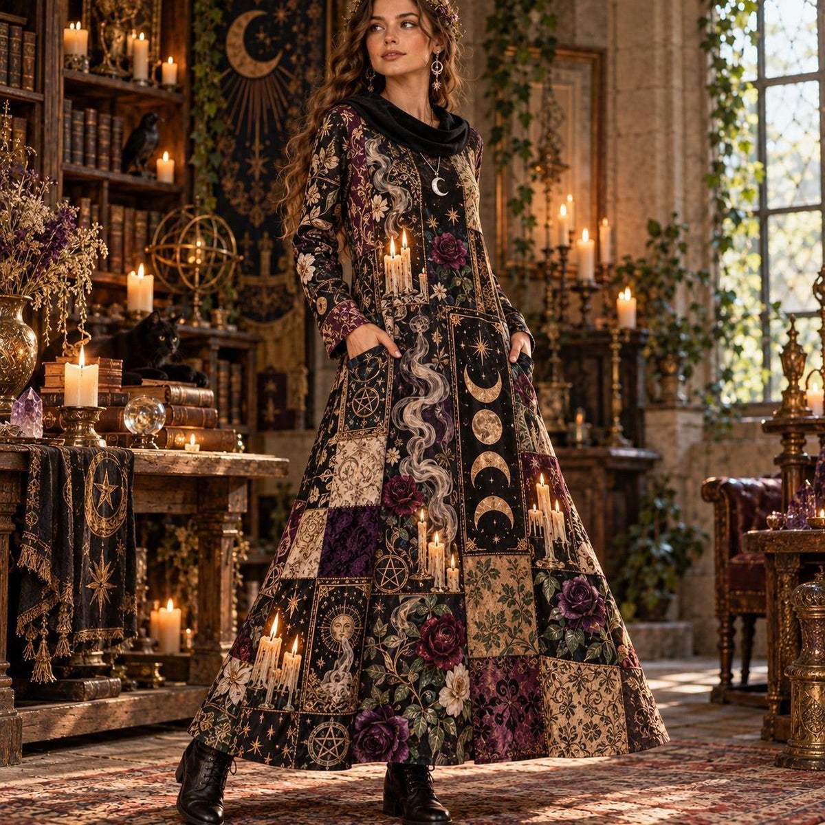Midnight Tarot Coven Witchy Cowl Neck Dress – Gothic Candle Maxi – worn, front view