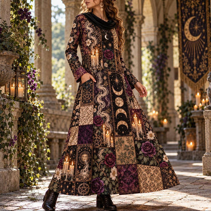 Midnight Tarot Coven Witchy Cowl Neck Dress – Gothic Candle Maxi – worn, three quarter view