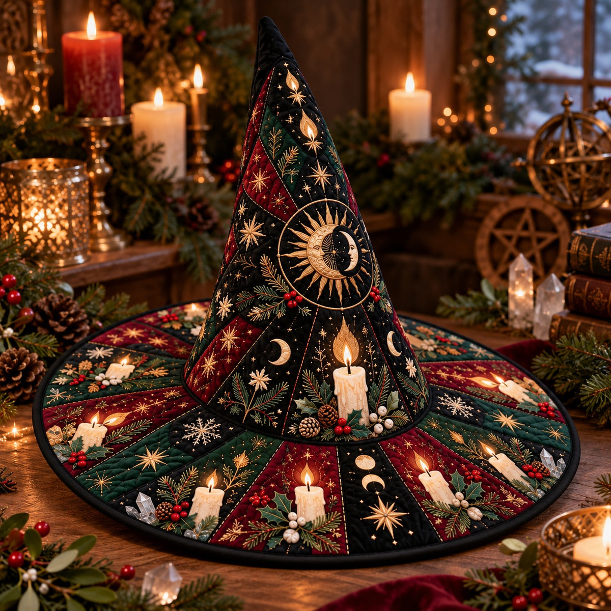 Midwinter Candle Quilted Witch Hat – Yule Solstice Holly Brim Hat – on an altar table