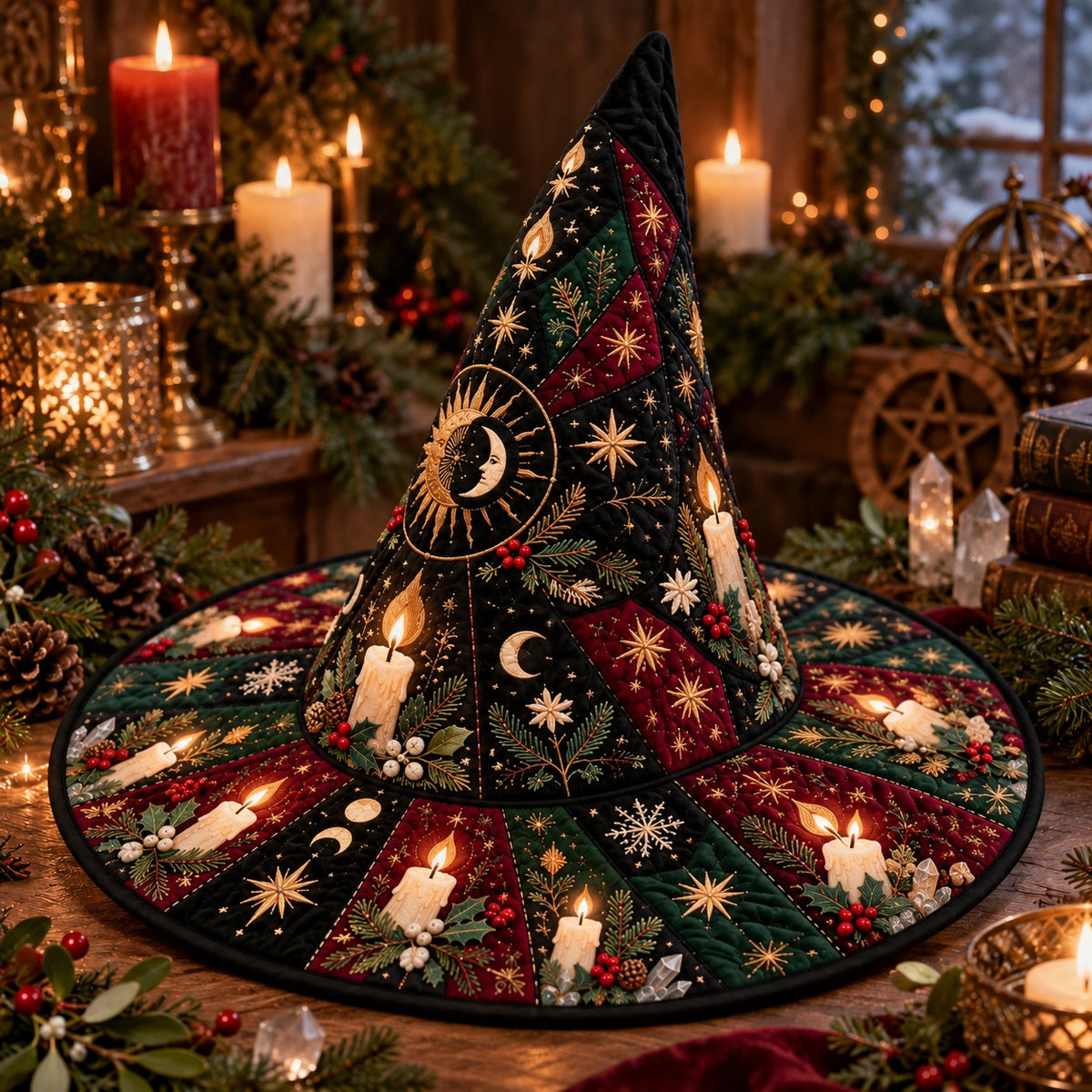 Midwinter Candle Quilted Witch Hat – Yule Solstice Holly Brim Hat – on an altar table