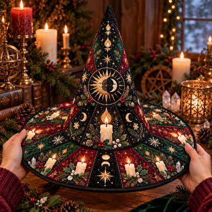 Midwinter Candle Quilted Witch Hat – Yule Solstice Holly Brim Hat – held in both hands