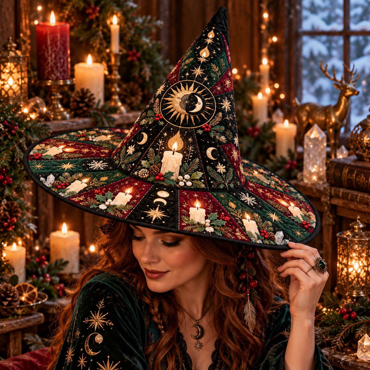 Midwinter Candle Quilted Witch Hat – Yule Solstice Holly Brim Hat – worn by a model