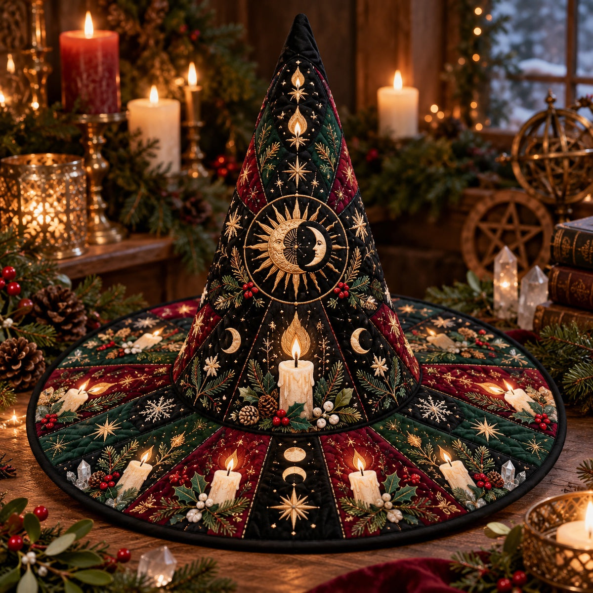 Midwinter Candle Quilted Witch Hat – Yule Solstice Holly Brim Hat – styled with candles and crystals