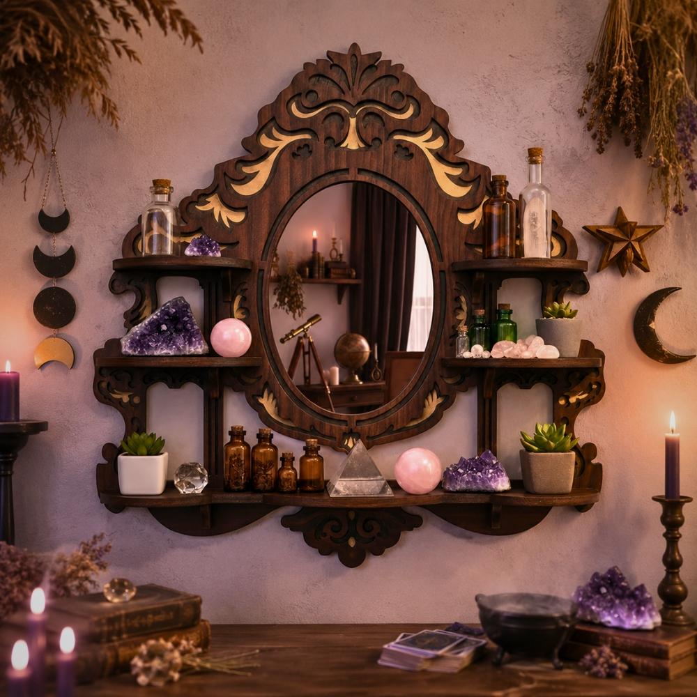 Mirror Crystal Display Shelf – Gothic Wooden Wall Shelf for Stones & Decor-MoonChildWorld