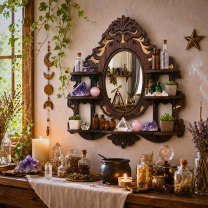 Mirror Crystal Display Shelf – Gothic Wooden Wall Shelf for Stones & Decor-MoonChildWorld