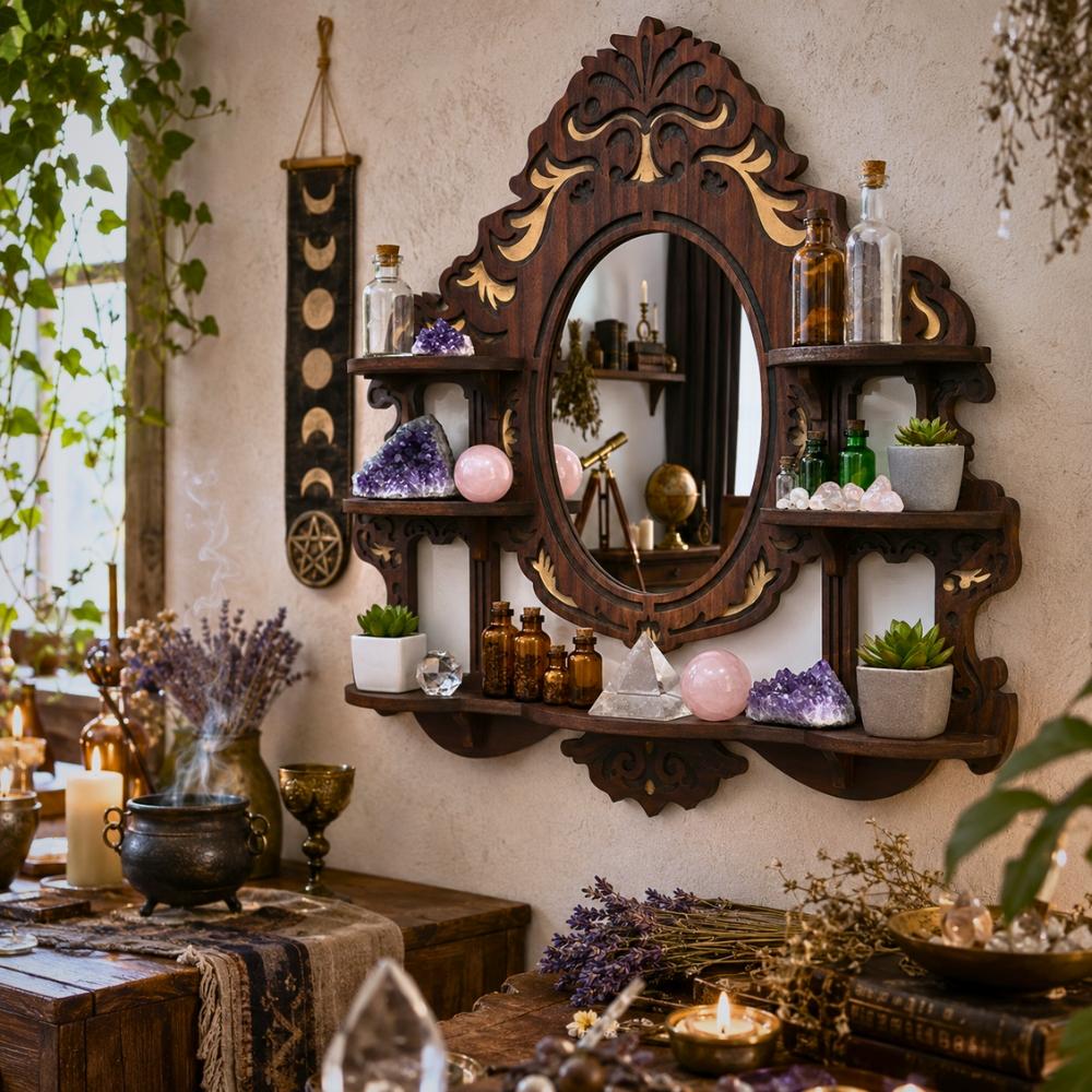 Mirror Crystal Display Shelf – Gothic Wooden Wall Shelf for Stones & Decor-MoonChildWorld