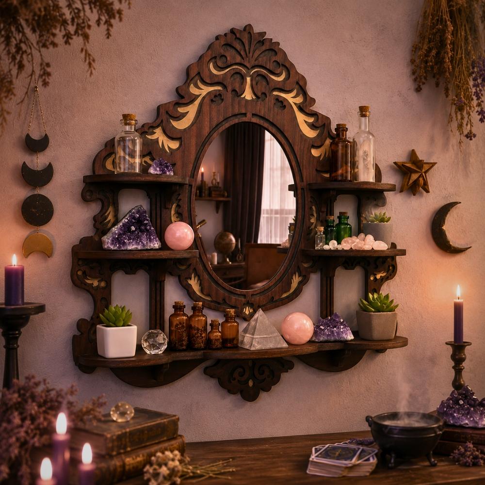 Mirror Crystal Display Shelf – Gothic Wooden Wall Shelf for Stones & Decor-MoonChildWorld