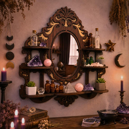 Mirror Crystal Display Shelf – Gothic Wooden Wall Shelf for Stones & Decor-MoonChildWorld