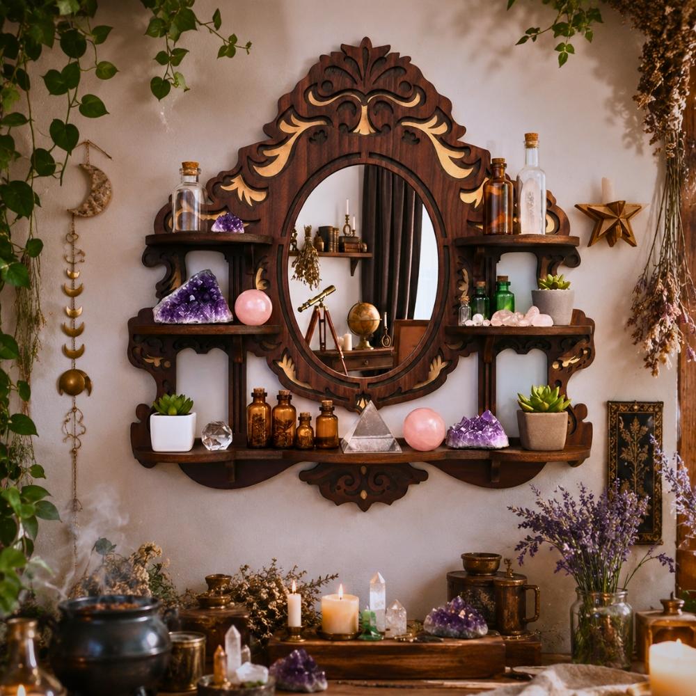 Mirror Crystal Display Shelf – Gothic Wooden Wall Shelf for Stones & Decor-MoonChildWorld