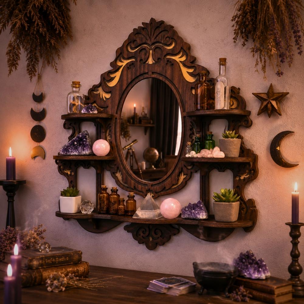Mirror Crystal Display Shelf – Gothic Wooden Wall Shelf for Stones & Decor-MoonChildWorld
