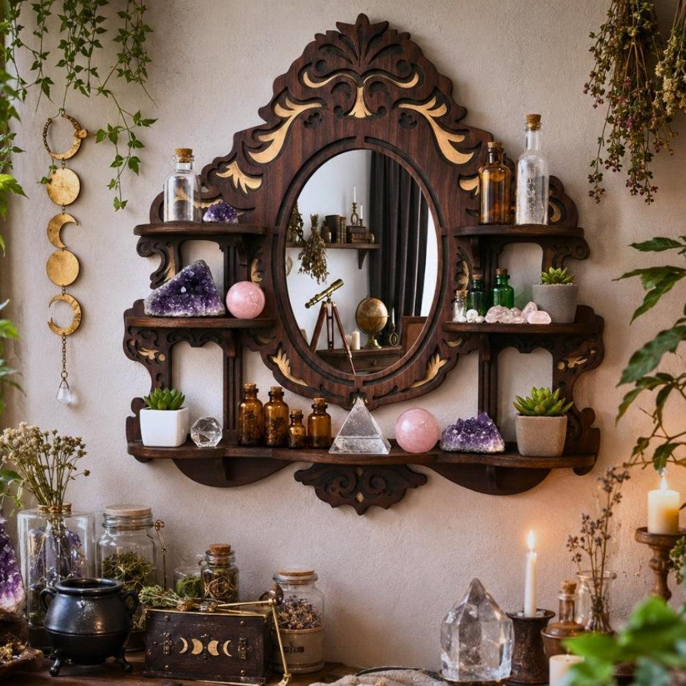Mirror Crystal Display Shelf – Gothic Wooden Wall Shelf for Stones & Decor-MoonChildWorld