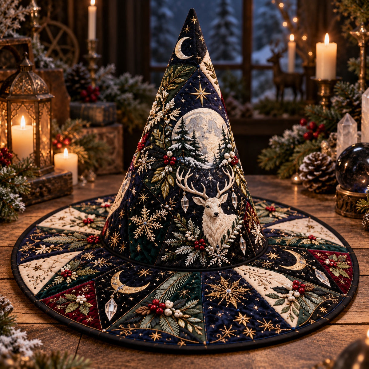 Mistletoe Stag Quilted Witch Hat – Yule Solstice Wide Brim Hat – styled with candles and crystals