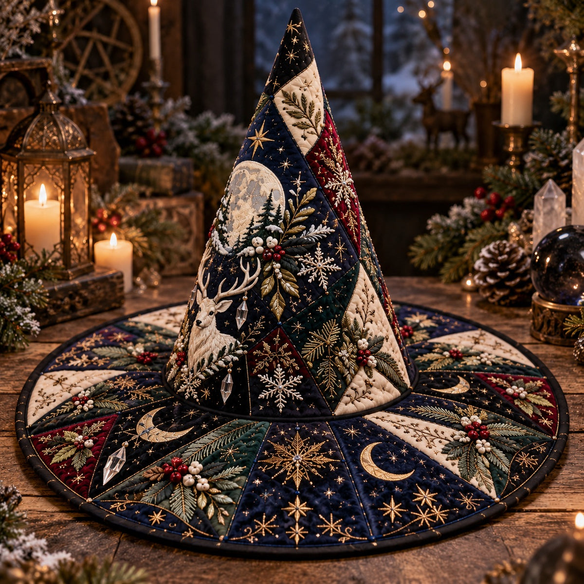 Mistletoe Stag Quilted Witch Hat – Yule Solstice Wide Brim Hat – styled with candles and crystals