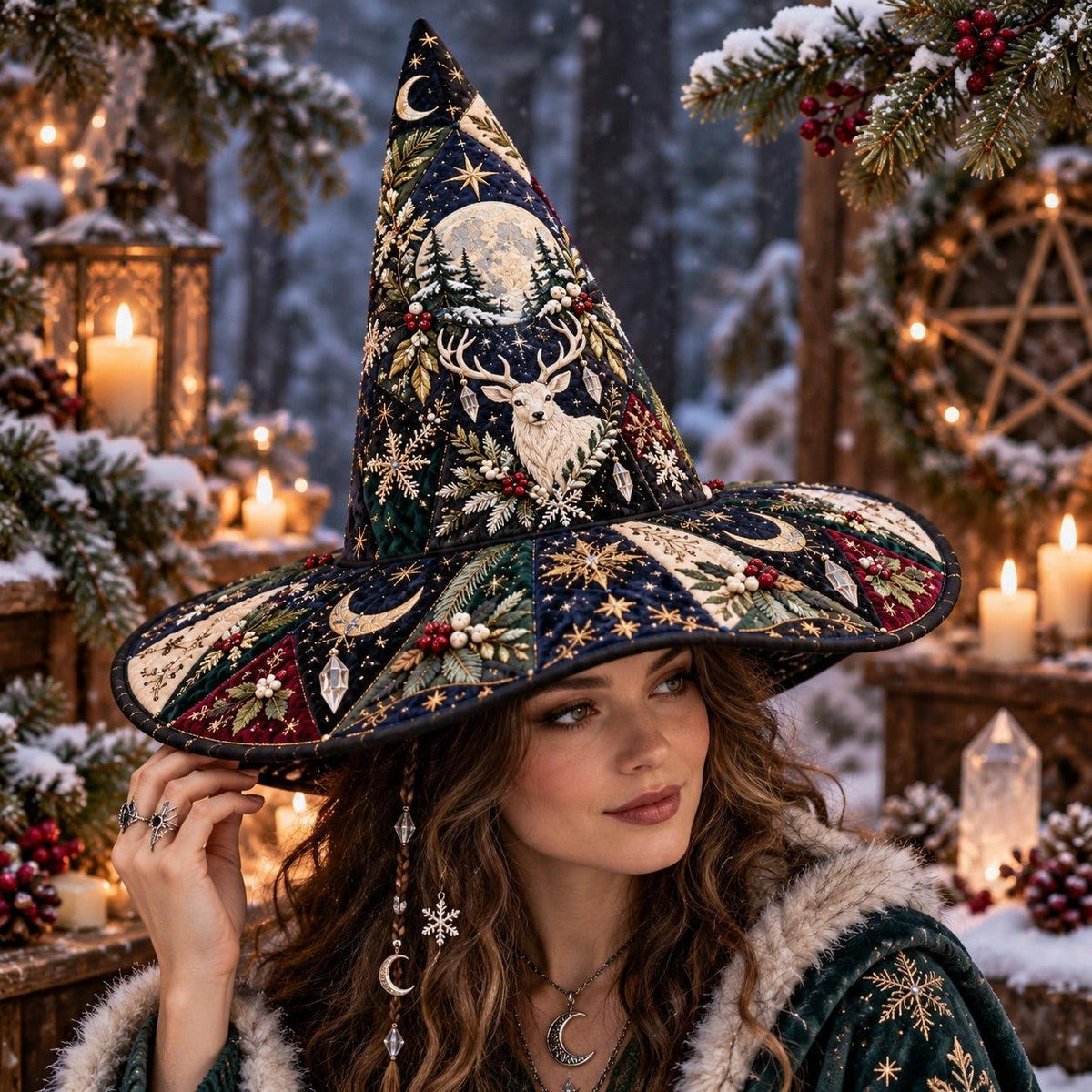 Mistletoe Stag Quilted Witch Hat – Yule Solstice Wide Brim Hat – worn by a model