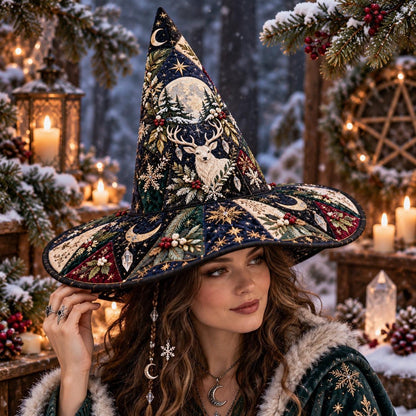 Mistletoe Stag Quilted Witch Hat – Yule Solstice Wide Brim Hat – worn by a model