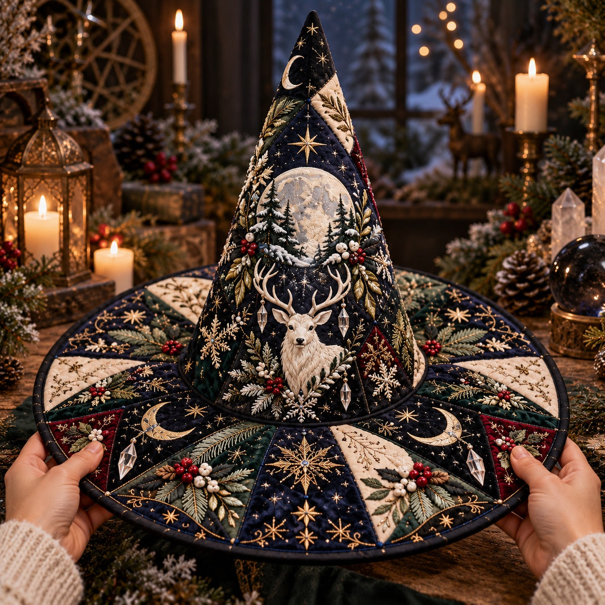 Mistletoe Stag Quilted Witch Hat – Yule Solstice Wide Brim Hat – held in both hands