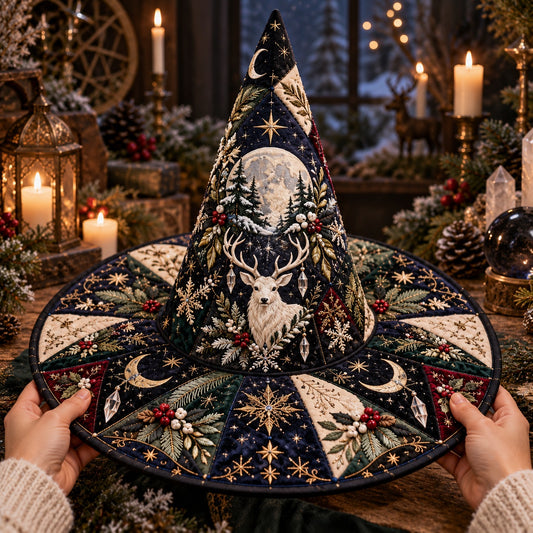 Mistletoe Stag Quilted Witch Hat – Yule Solstice Wide Brim Hat – held in both hands