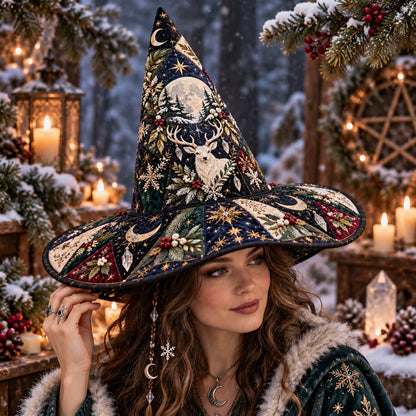 Mistletoe Stag Quilted Witch Hat – Yule Solstice Wide Brim Hat – worn by a model