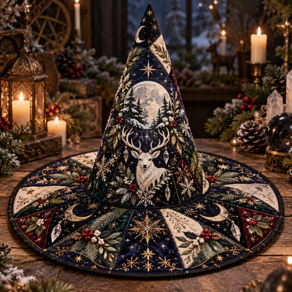 Mistletoe Stag Quilted Witch Hat – Yule Solstice Wide Brim Hat – styled with candles and crystals