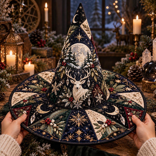 Mistletoe Stag Quilted Witch Hat – Yule Solstice Wide Brim Hat – held in both hands