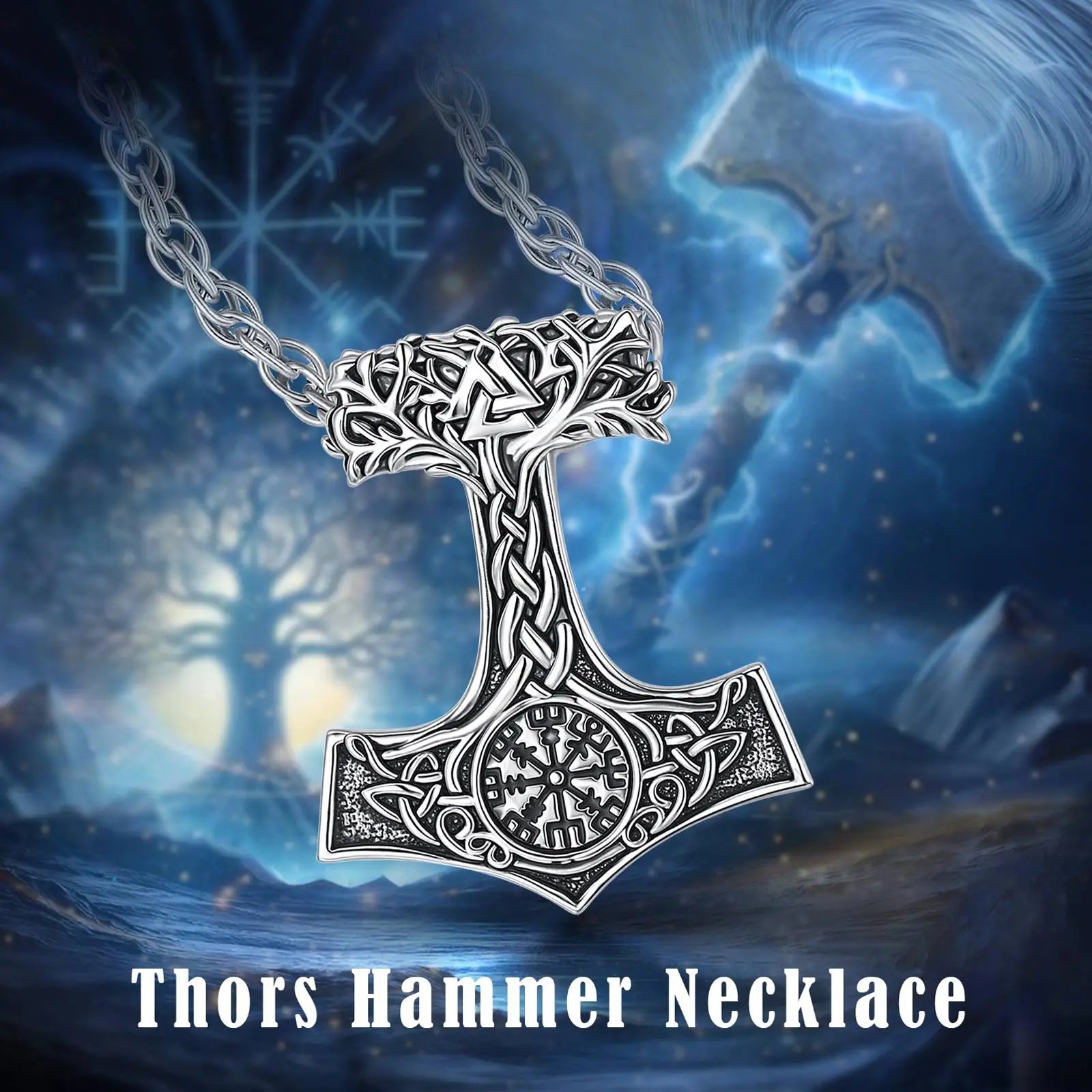 Mjolnir Thors Hammer Necklace Viking Compass Yggdrasil Tree of Life Pendant Nordic Pagan Jewelry-MoonChildWorld