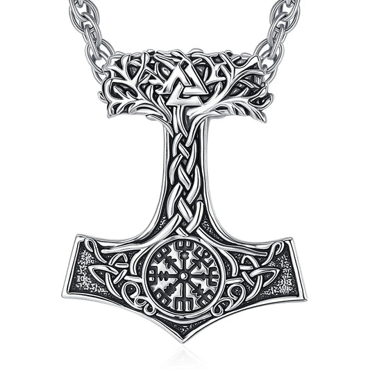 Mjolnir Thors Hammer Necklace Viking Compass Yggdrasil Tree of Life Pendant Nordic Pagan Jewelry-MoonChildWorld